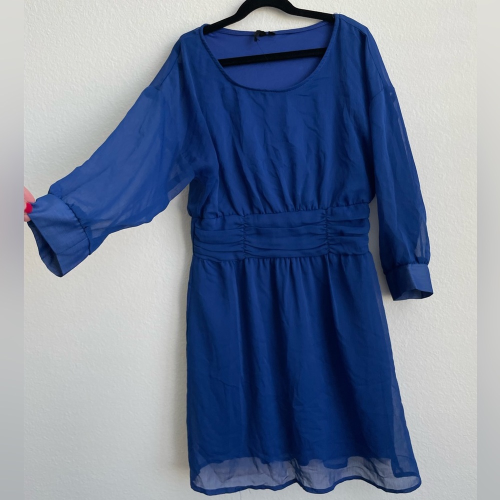 saks 3/4 sleeve flowy chiffon mini dress in gorgeous royal blue